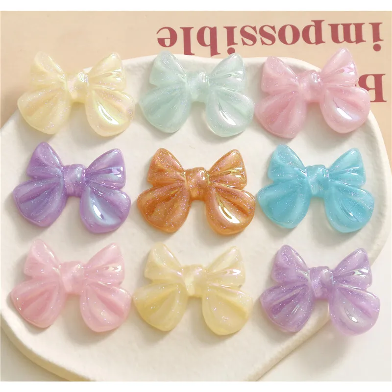 New style 50pcs/lot color print cartoon bowknot shape resin bow cabochon beads diy jewelry hair/phone case accessory