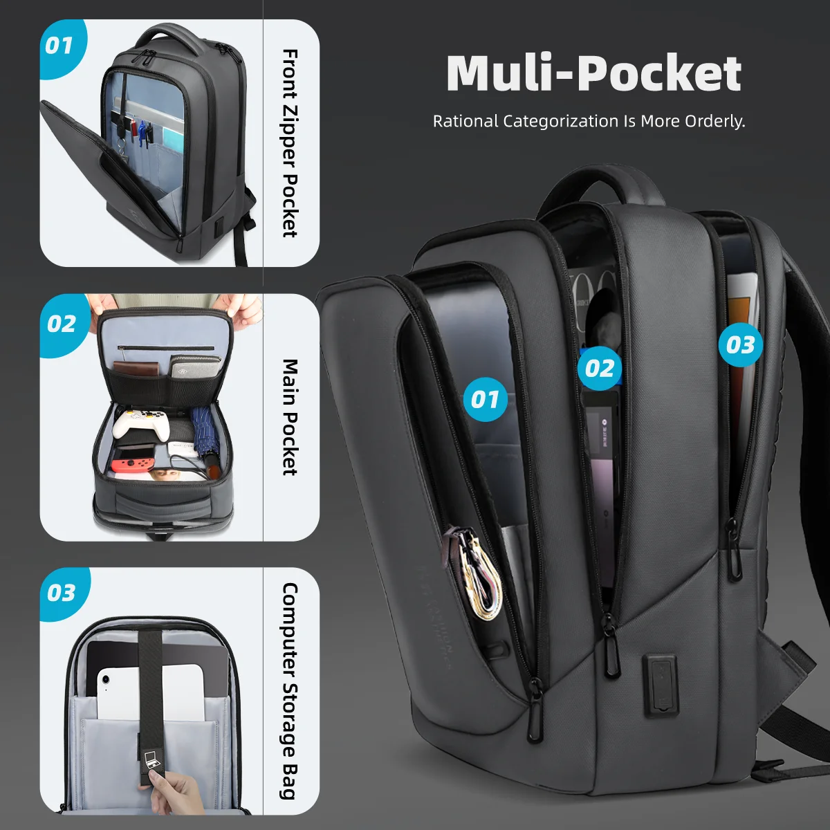 HK حقيبة ظهر للأعمال متعددة الوظائف للرجال 15.6 "حقيبة لابتوب سعة كبيرة حقيبة ظهر للسفر مقاوم للماء حقائب مدرسية حقيبة ظهر للعمل