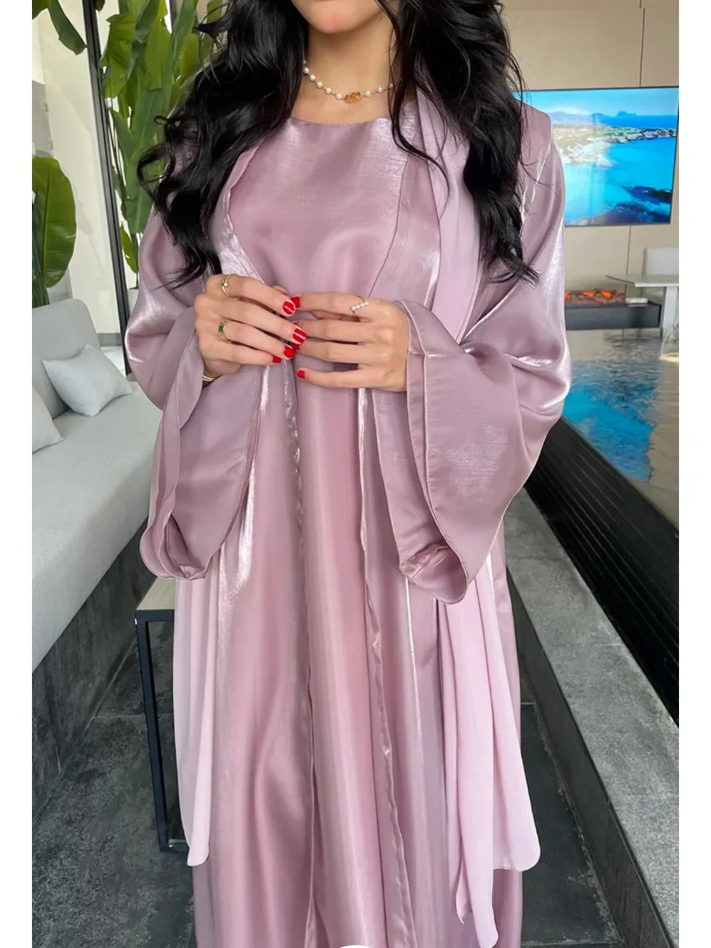 Elegant Muslim Abaya for Women Dress 2 Piece Set Silky Belted Party Dresses Kimono Gown Saudi Arabic Dubai Kaftan Islamic 2025