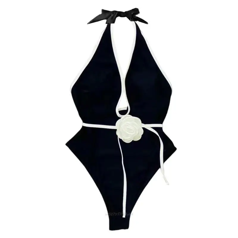 X5XA Women Plunging V Neck Swimsuit Halterneck Bathing Suit Ladies Monokini Swimwears