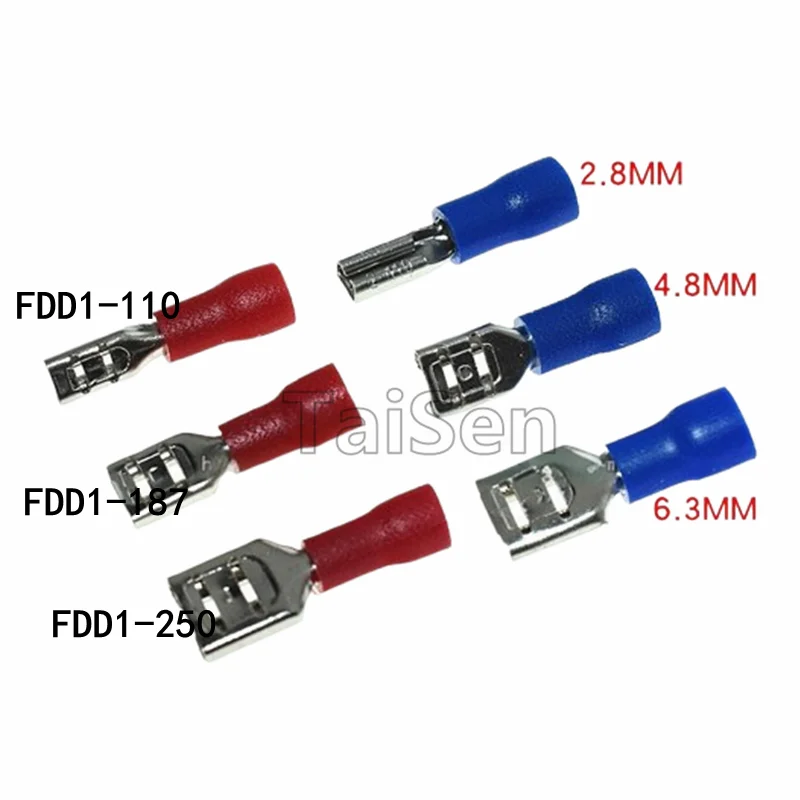 50pcs 2.8/4.8/6.3MM insulated spade Female terminals  FDD1-110 187 250 FDD2 crimp terminals Female Crimping Terminals