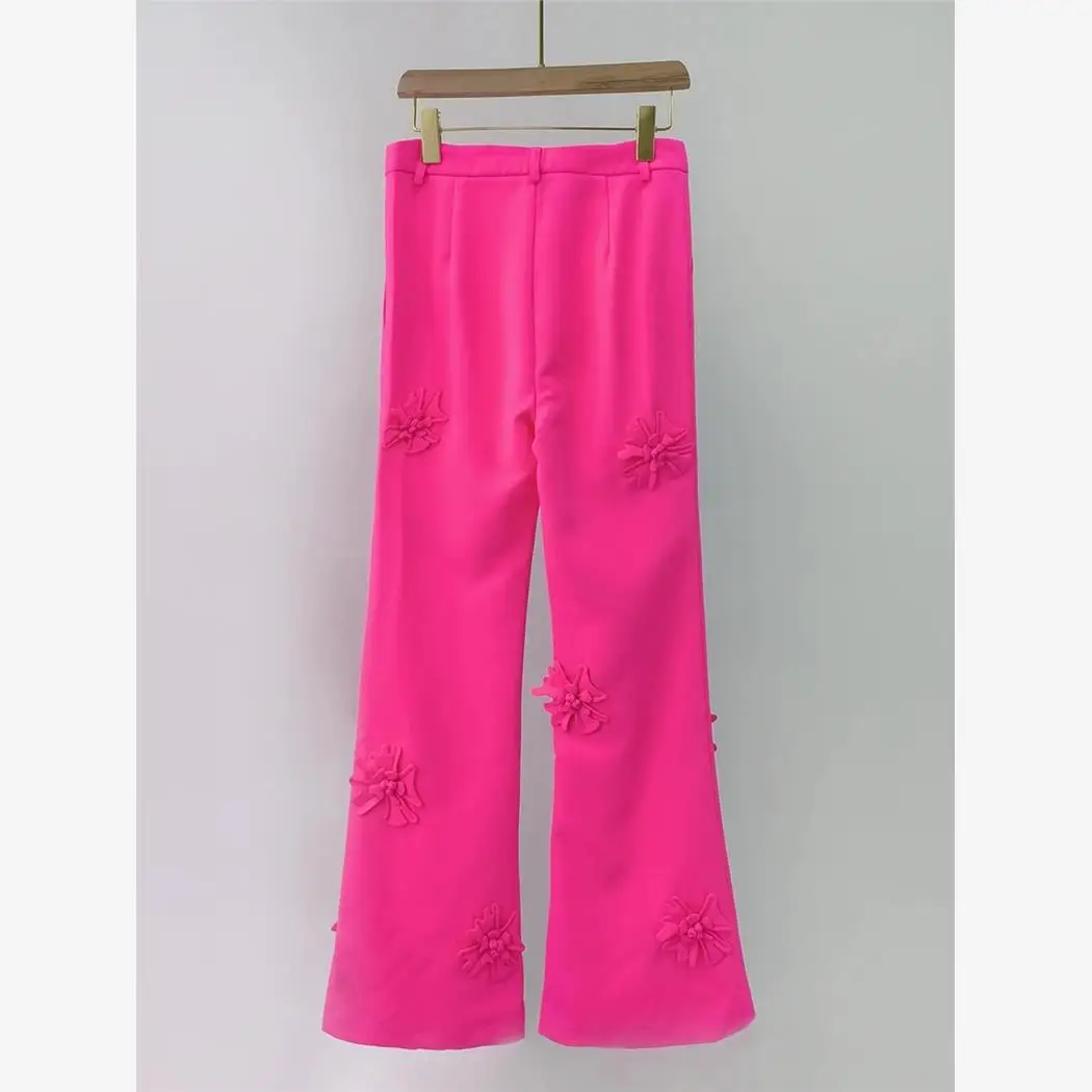 

Pink Rose 3D Floral Suit Jaet Straight Leg Pants Women's Faion Set Polyester Material Ele Lady's Outfit Autumn 2023