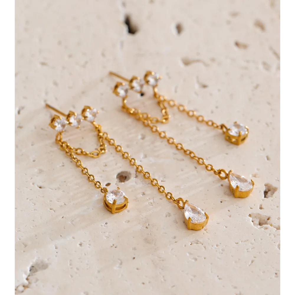 Yhpup Stainless Steel Cubic Zirconia Water Drop Tassel Chain Dangle Earrings Temperament Aesthetic Gold Color Ear Jewelry