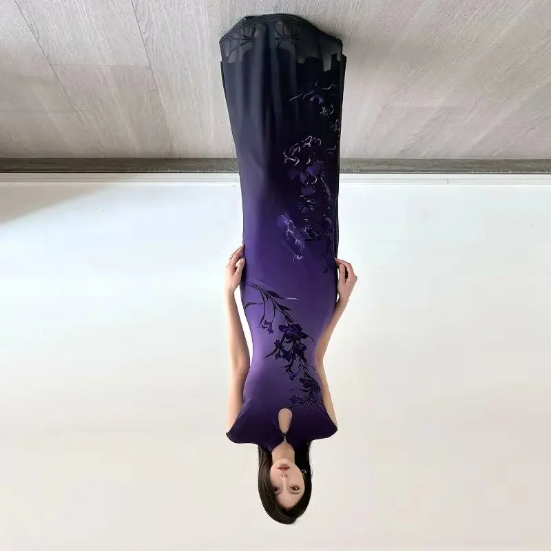 Chinese Floral Print Cheongsam Collar Slim Dress Purple Rhyme Gradual Change Spice Girl Hip Wrap Dress Exquisite Simple Leisure