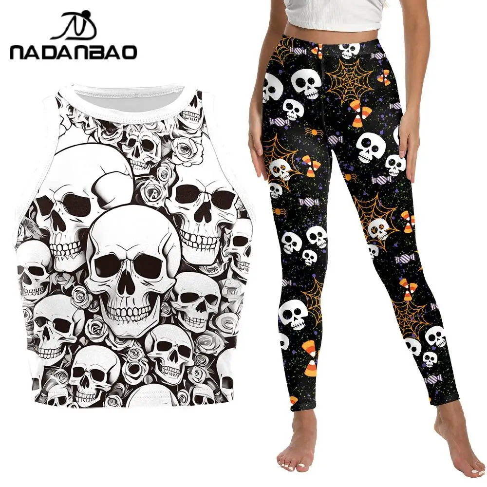 

Nadanbao Women Halloween Casual Leggings Suit Skull Gothic Vest Pants White Graphic Crop Top Black Y2K Party Pants Sexy Tights