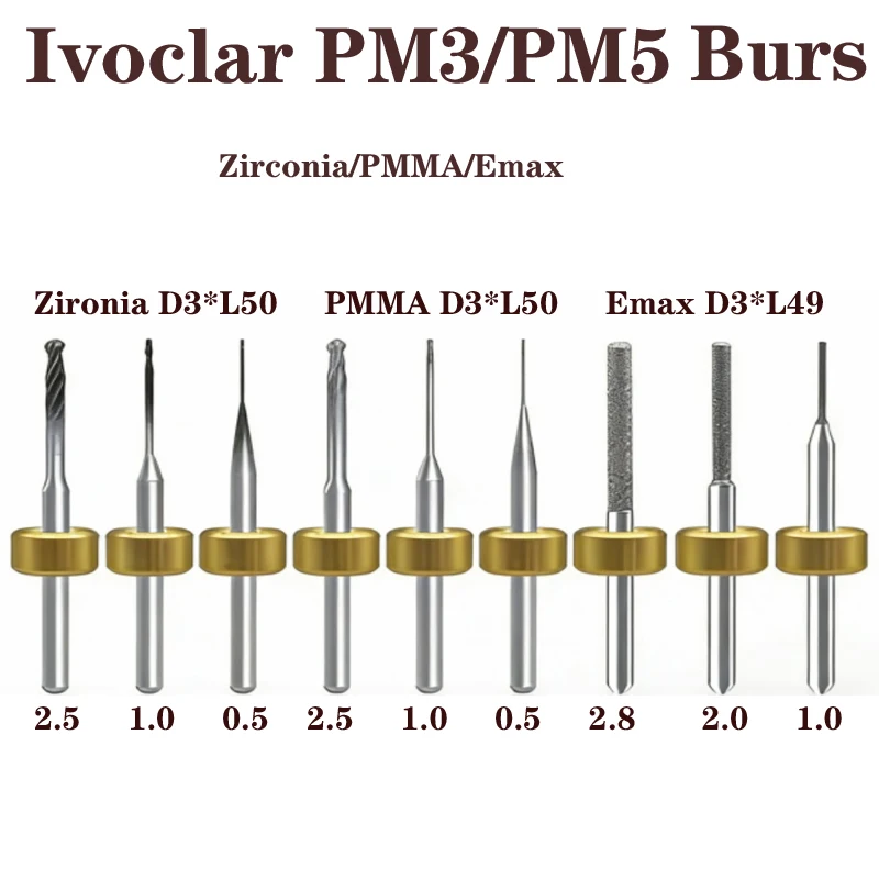 

Ivoclar PM3 PM5 Shank 3mm Dental Lab Milling Bur Zirconia PMMA Emax Glass Ceramic Lithium Disilicate Laboratory Grinding Tools