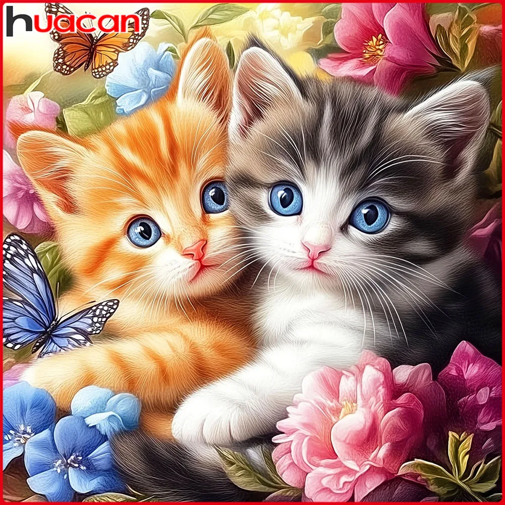 Huacan Neuheiten 2025, Diamantgemälde, Katze, Bytterfly, Diamantmosaik, Tierblume, komplettes Set, Geschenk