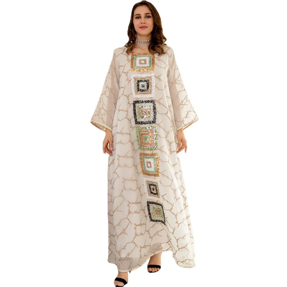 

Luxurious Dress Floor-Length Sheer Sleeve Abaya Handcrafted Sequin Embroidered Kaftan Colorful Conservative Evening Robe