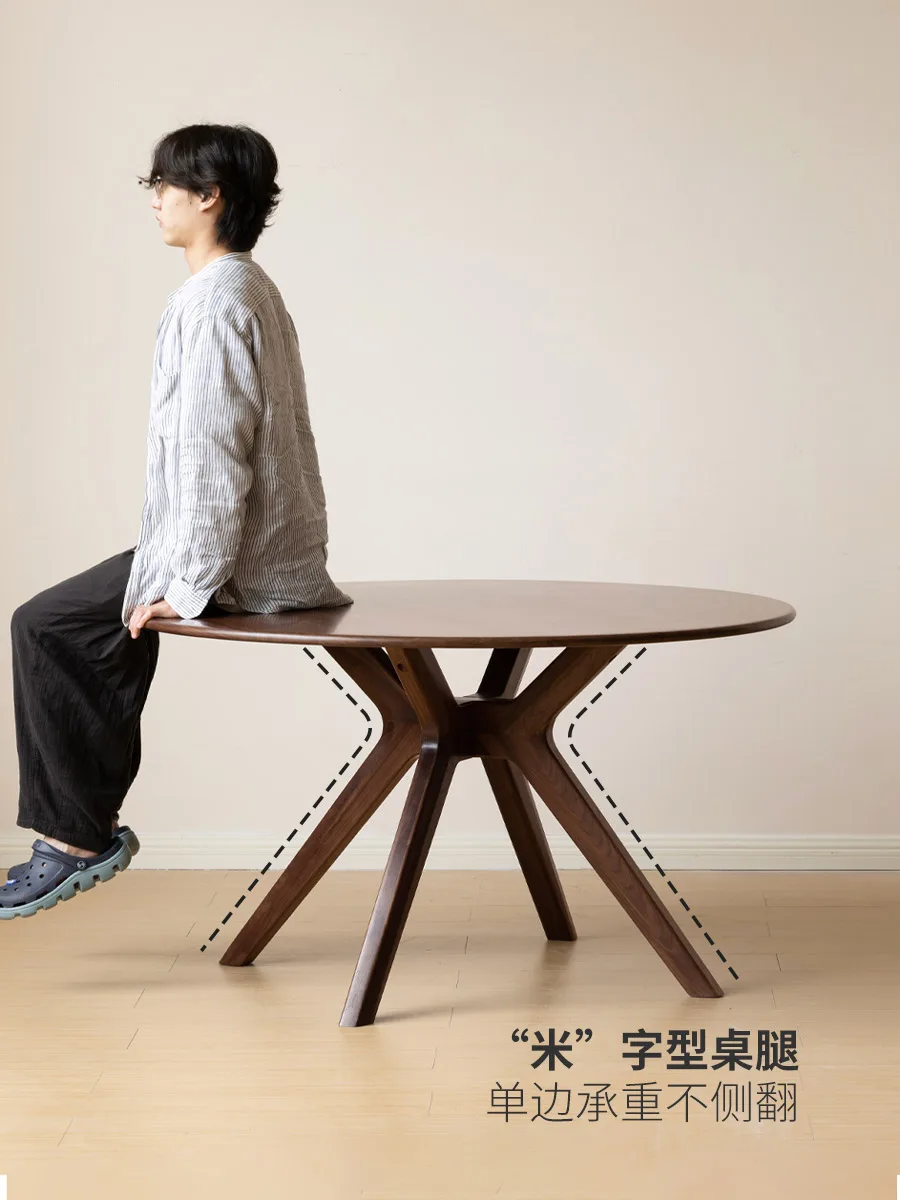 Solid wood dining table black walnut rock slab round table with turntable dining table small apartment