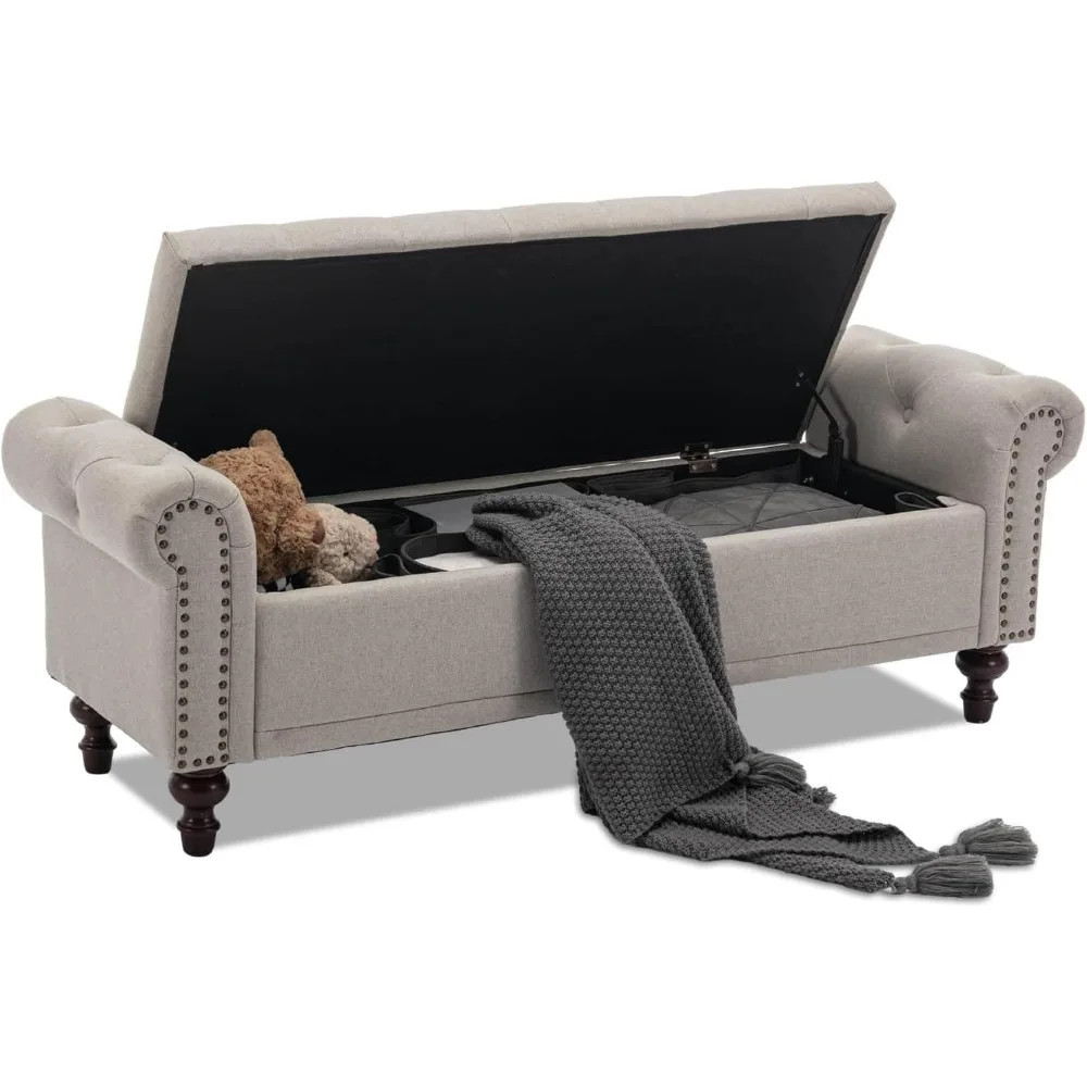 Banco de almacenamiento tapizado de lino, extremo del dormitorio, banco de cama otomano con brazo enrollado acolchado capitoné, gran espacio de almacenamiento