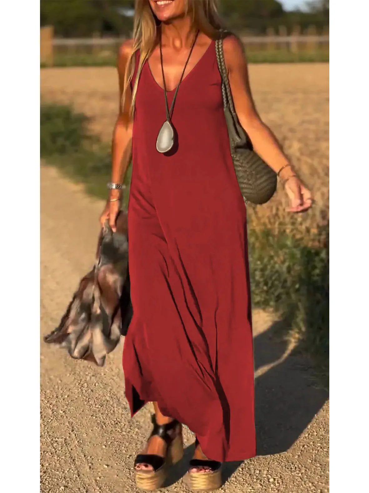 2024 verão feminino com decote em v malha cover-up vestido praia resort maxi deslizamento vestido leve solto ajuste boho férias outfit