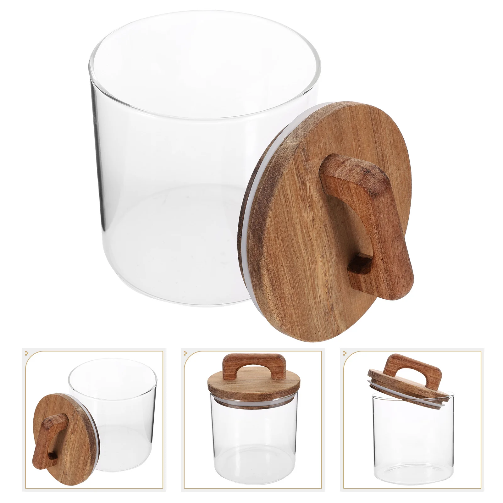 

Glass Food Storage Container Solid Wood Handle Lid Airtight Canister Kitchen Grain Coffee Sugar Storage Jar Glass Containers
