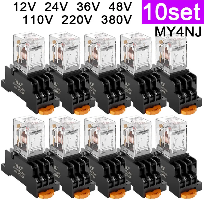 10set MY4NJ HH54PL MY4N-J AC/DC 12V 24V 36V 48V 110V 220V 380V Coil 4NO 4NC LED Indicator Power Relay DIN Rail 14 Pin Base