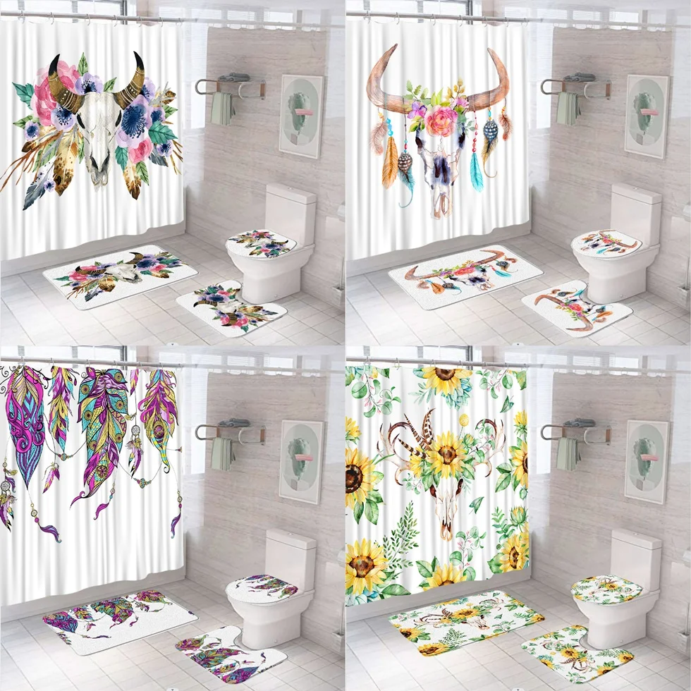 Colorful Boho Cow Skull Shower Curtain Set Sunflower Flower Feathers Buffalo Bohemia Bathroom Curtains Bath Mat Rug Toilet Cover