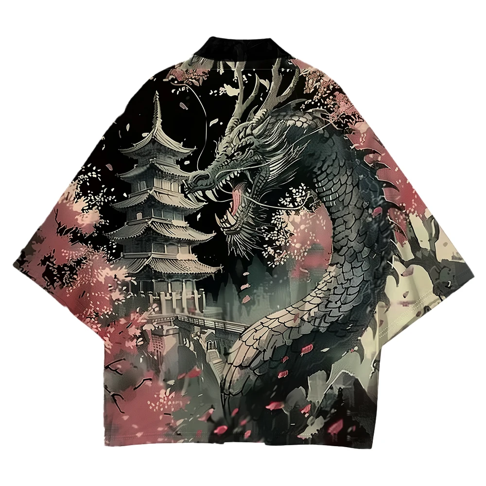 Japanese Anim Dragon Sakura Print Kimono Traditional Japan Samurai Cardigan Yukata Harajuku Haori Unisex Beach Robe Streetwear