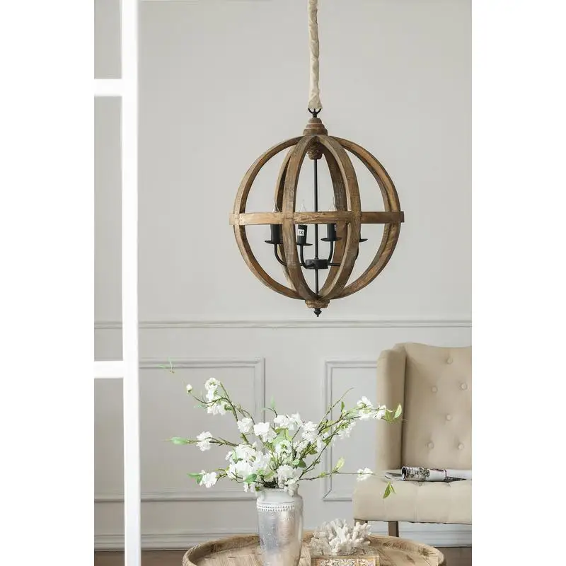 

Light Wood Chandelier Hanging Fixture Adjustable Chain Kitchen Dining Room Foyer Entryway Bulb Not Included