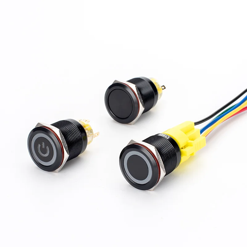 22mm Black Metal Push Button Switch Waterproof LED Light Self locking/Momentary Flat Head Switch with Connector
