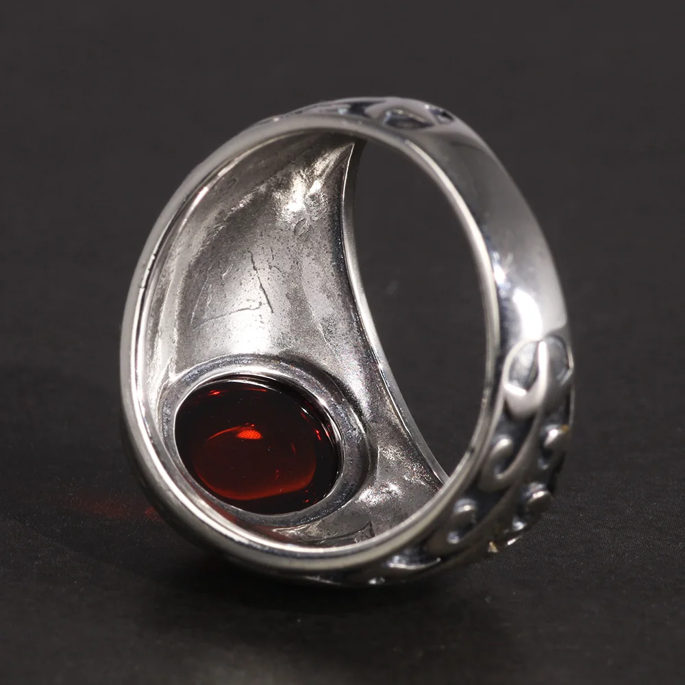Real 925 Sterling Silver Jewelry Vintage Rings For Men Engraved Flowers With Red Garnet Natural Stone Fine Jewellery