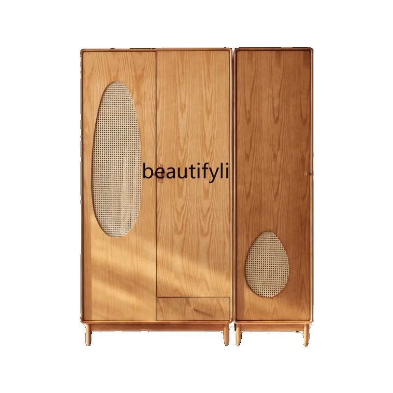 

New Chinese Style Large Capacity Wardrobe Solid Wood Rattan Wardrobe Household Bedroom Double-Door Double Door Hanging Locker
