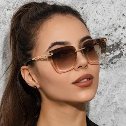 New Sunglasses Women Rimless Cat Eye Eyewear Gradient Brown Cutting Lens Sun Glasses For Female Alloy Eyeglasses Brand Designer