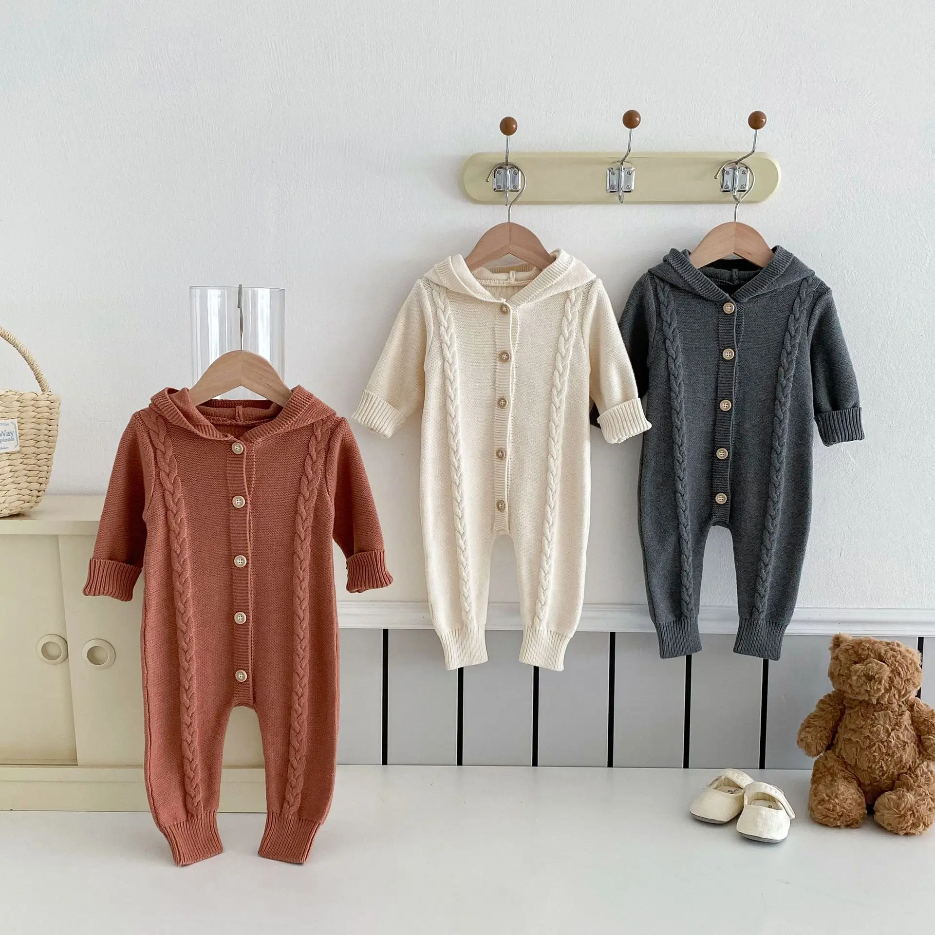 

Autumn Newborn Infant Baby Boy Girls hooded Romper Sweater Knit Long Sleeve Onepiece Kids Onepiece Fashion Baby Clothing