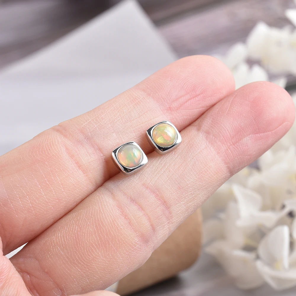 Itsmos brincos de opala preciosa, poste de prata 5mm, cubo de opala, pedra preciosa natural, brincos de piercing quadrado para presente feminino