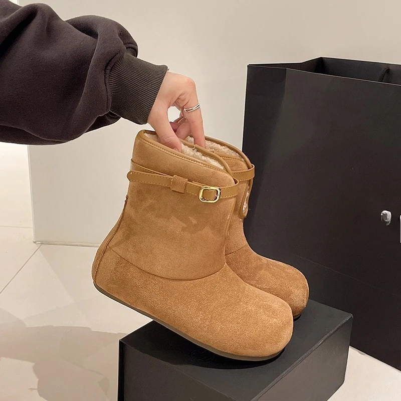 أحذية الثلوج موضة جولة تو كم الجلد المدبوغ الدافئة لينة وحيد المضادة للانزلاق مقاومة للاهتراء حزام مشبك الجوارب