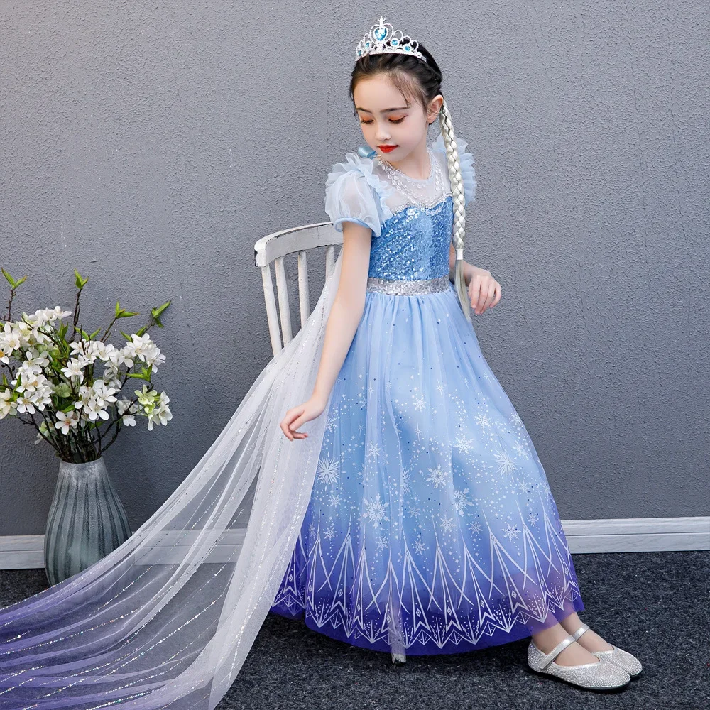 Girls Elsa Cosplay Princess Costumes Frozen Role Play Fancy Dress Up Kids Birthday Party Clothes Sequins Mesh Princess Prom Gown