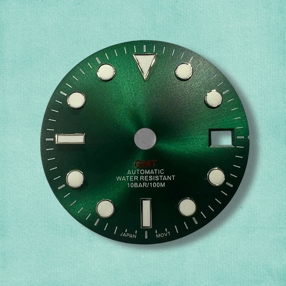 28.5mm GMT S Logo Sunburst Dial Fit NH34 Movement Green Luminous High-Quality Dial Watch Modification Accessories 3/3.8/4O'clock