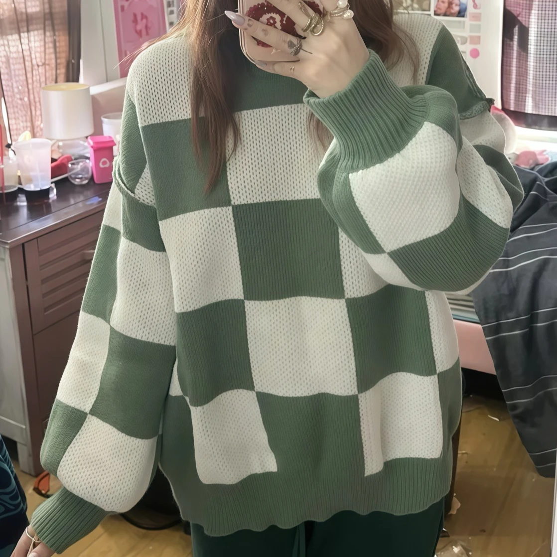 Knitted Pullover Sweaters Women Plaid Jumpers Spliced Color Blocked Round Neck Long Sleeves Loose Fit Casual 2025 Autumn Winter