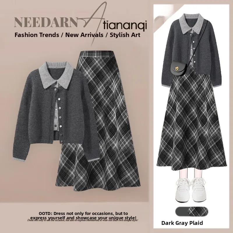 

Женский вязаный свитер и юбка в клетку с высокой талией, комплект из двух предметов, весенняя коллекция Agel Faion, большие размеры