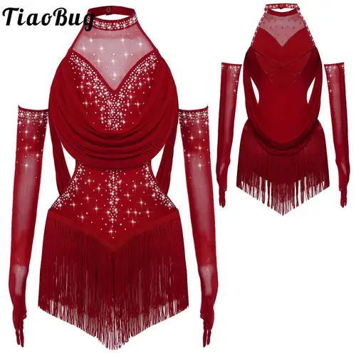 Traje de baile latino Jazz Rumba Samba para niñas, conjunto de Salsa, cortinas de malla fruncidas, leotardo recortado con faldas con borlas y 1 par de guantes de malla
