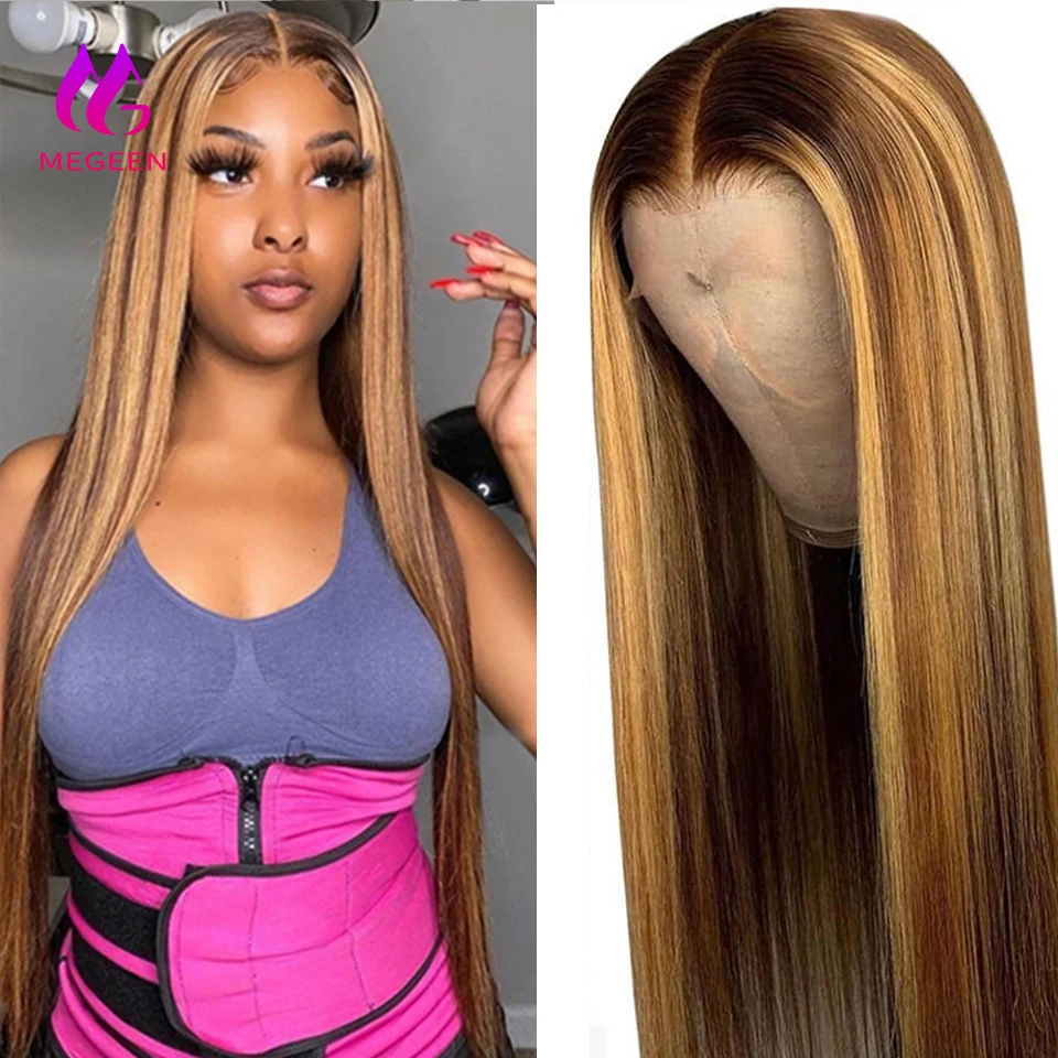 

Megeen 100% человеческие волосы, хайлайтер, 13X 4 цветные прямые кружевные передние парики, дневной светлый парик