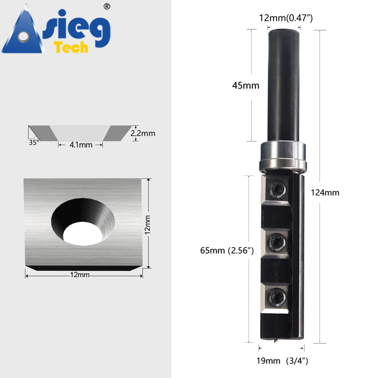 Spiral Flush Trim Router Bit 12mm Shank Top Bearings Pattern Trimmer 65mm Cut Length with Repaceable Insert Cutter