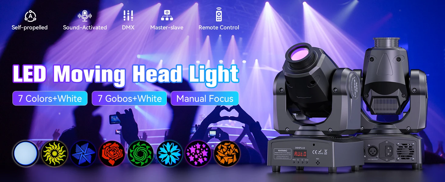 Yiflamefly 100W Moving Head Light mit Fernbedienung, 7 Farben + Weiß, 7 Gobos + Weiß, manueller Fokus, Bühnenlicht für Disco, Hochzeit, DJ-Party, KTV – Detail 1