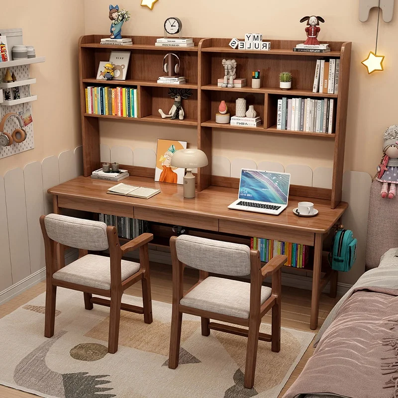 2026 Solid Wood Double-Person Desk with Integrated Bookshelf Extra-Large Computer Desk for Home Use Students Multiple People Stu