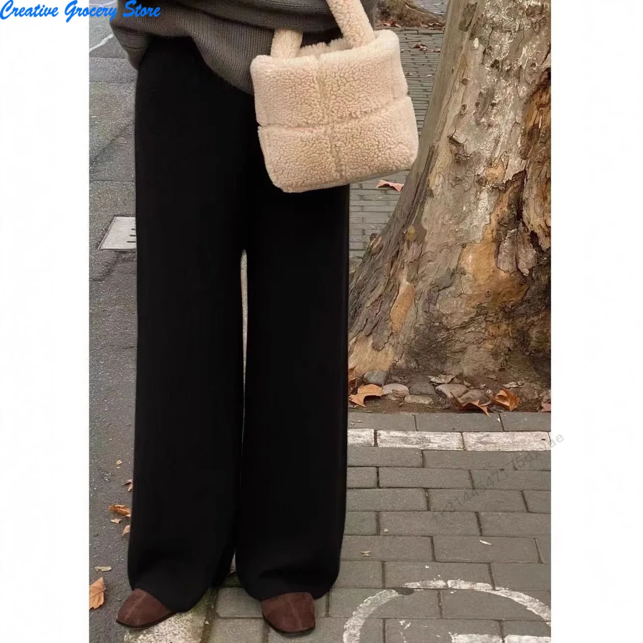 الخريف الشتاء سميكة جديدة واسعة الساق السراويل النسائية ثنيات محبوك مستقيم السراويل الطويلة الكشمير ملابس خارجية