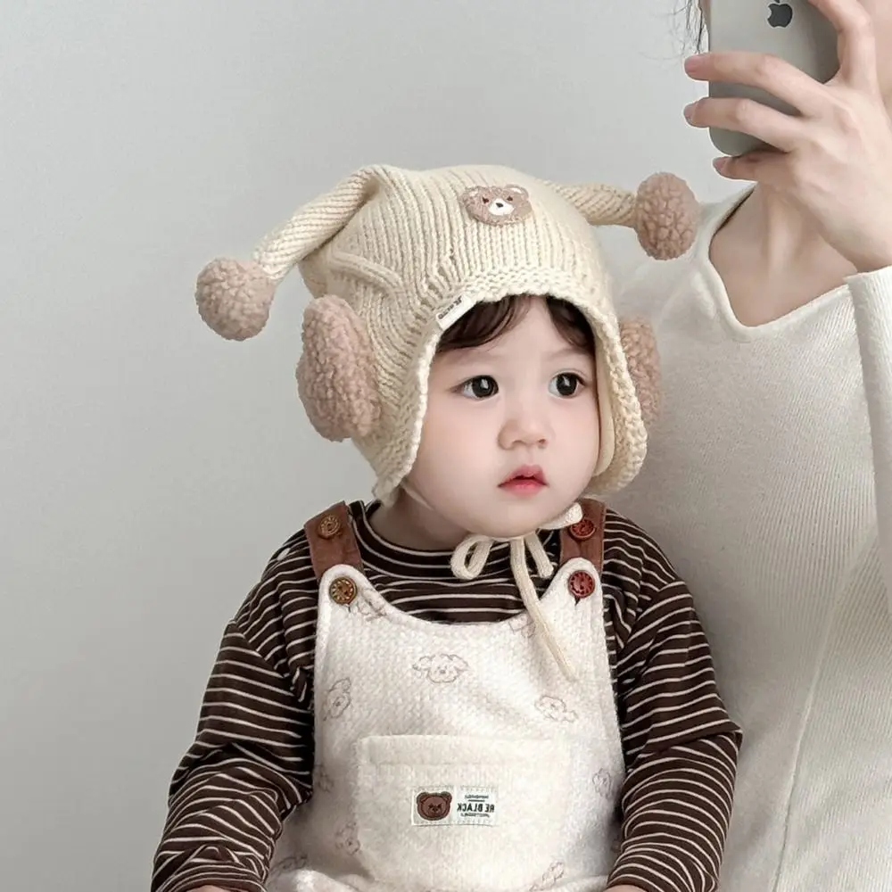 

Cute Winter Baby Crochet Hat Breathable 6-24 Months Toddler's Plush Knitted Hat Solid Color Windproof Kids Ear Protection Hat