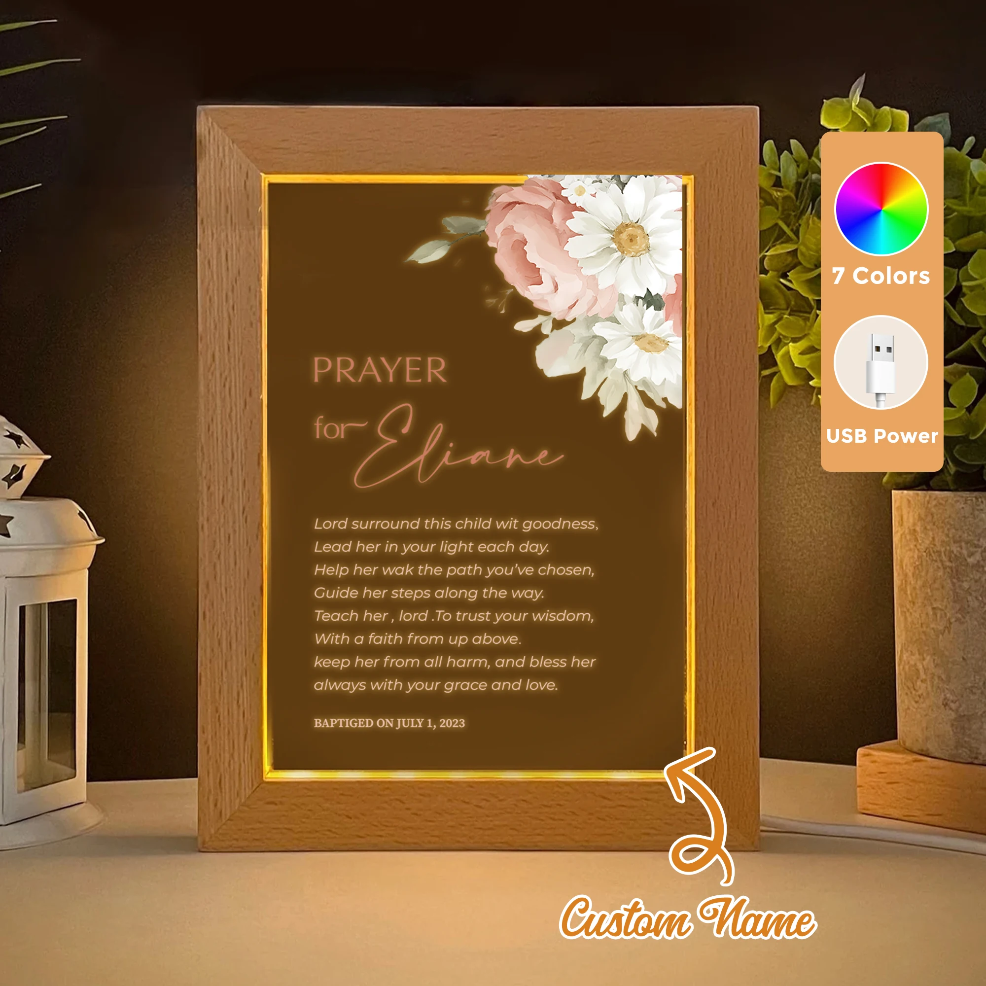 

2D Flat Custom Name Christian Baptism Prayer LED Acrylic Night Light Wood Photo Frame 21x17cm Family Bedroom Gifts Home Decor