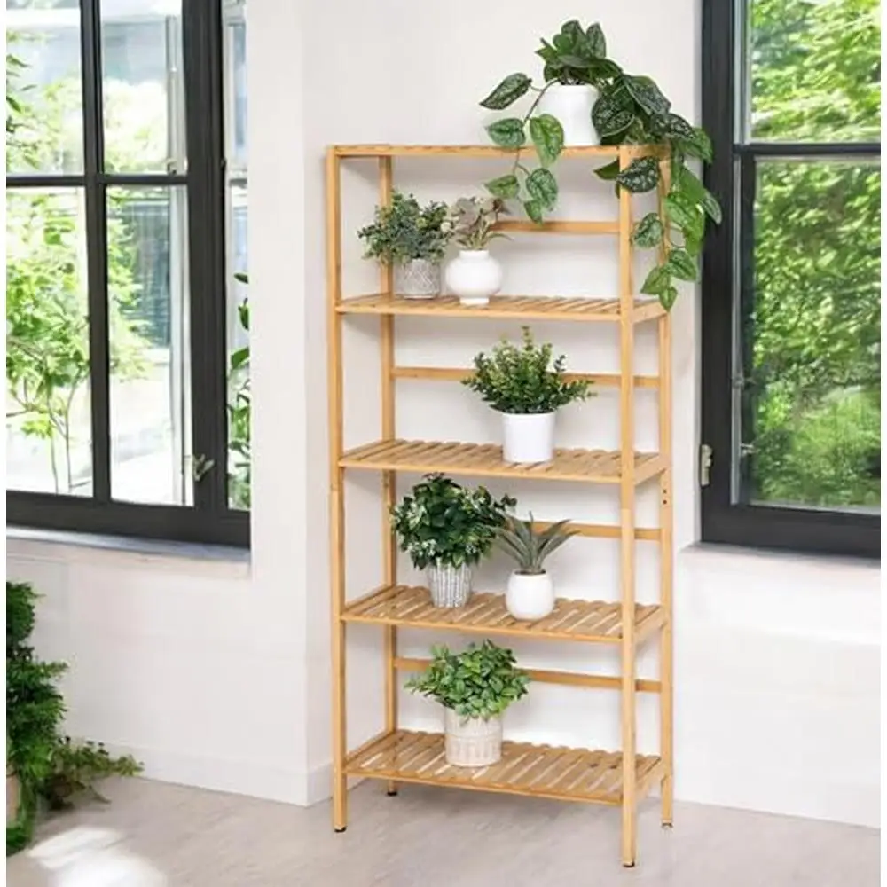 Bamboo 5-Tier Adjustable Bookshelf Shelf Space Saving Office Bathroom Kitchen Living Room Hallway Rectangular Tiered Shelf 33lbs