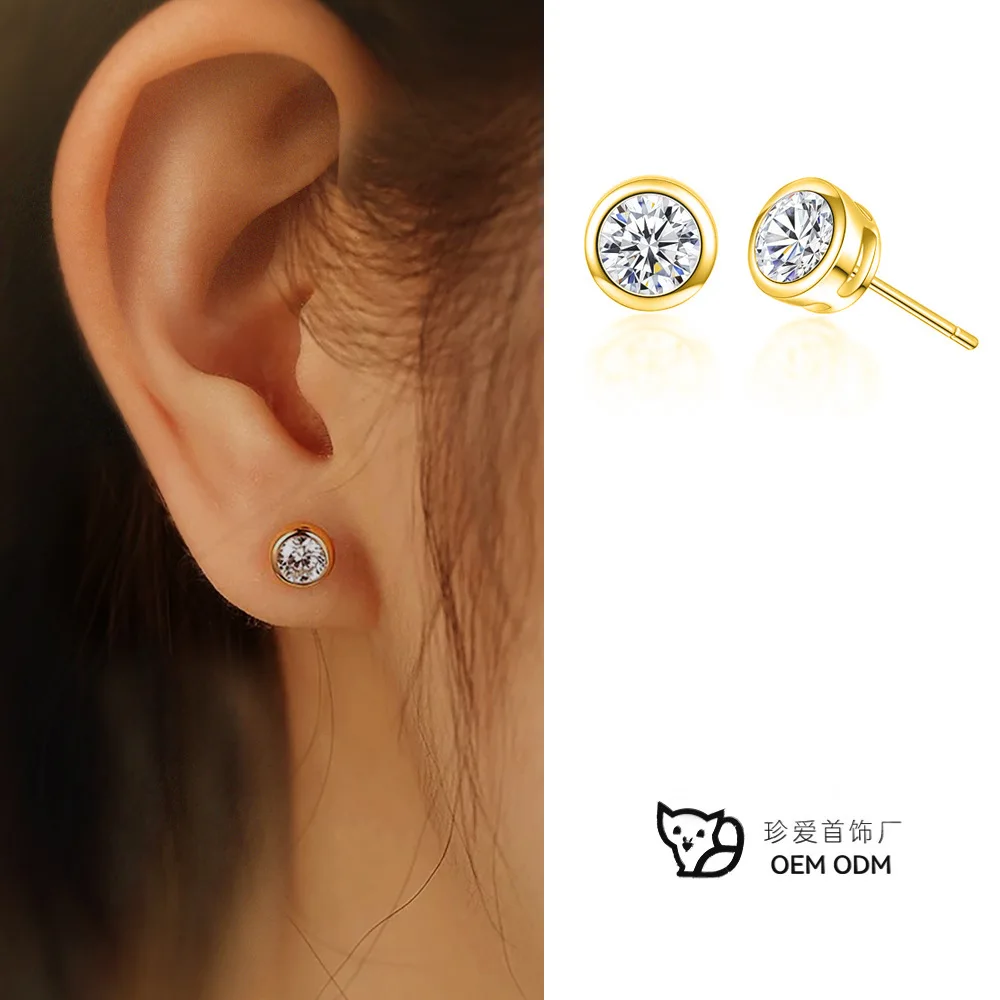 Women's Round Edge S925 Sterling Silver Moissanite Earrings 18K Gold Plated Jewelry Fashionable Diamond Stud Earrings