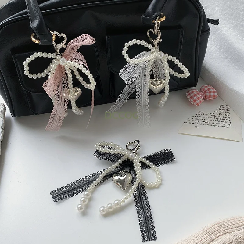 1Pcs For Phone Accessories Bag Hanging Cord For Women Girl Sweet Lace Bow Beaded Bow Keychain Phone Charm Strap Pendant