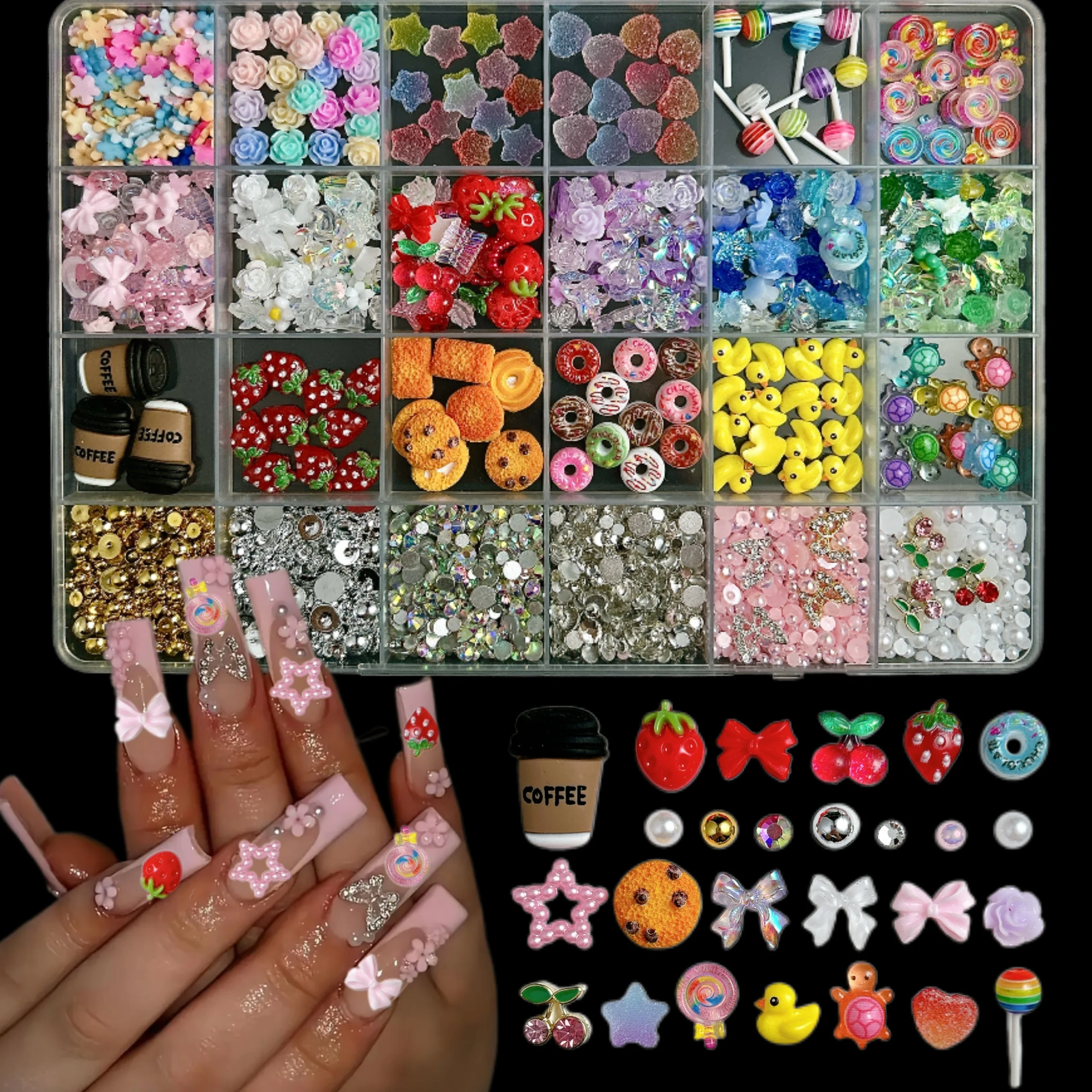 1 Doos Cartoon Schattige Stropdas Beer Ogen Biscuit Hars Nail Charms Kleurrijke Boog Rose Klauwen Gemengde Nail Art Decoraties voor DIY Nagels