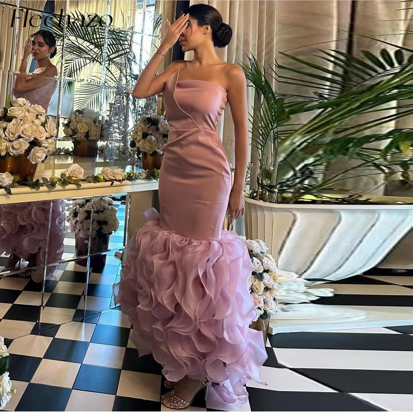 

Flechazo Pink Evening Dresses Strapless Ruffles Tiered Sheath Formal Occassion Gowns For Women 2024 vestido de casamento