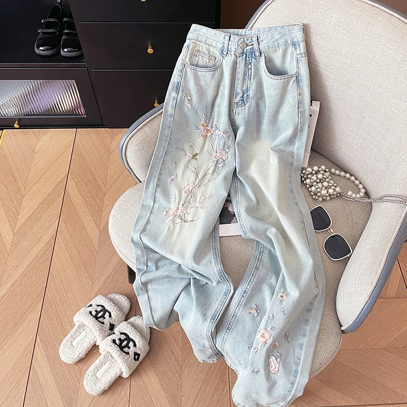 

Embroidery Wide Leg Jeans Women 2024 New Summer High Waist Loose Slimming Drape Straight Denim Mopping Pants