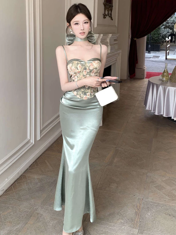 

Ele Sexy Embroidered Knot Tie Waist High Waist Slimming Long Silk Surface f Skirt Set Women's Faion Set