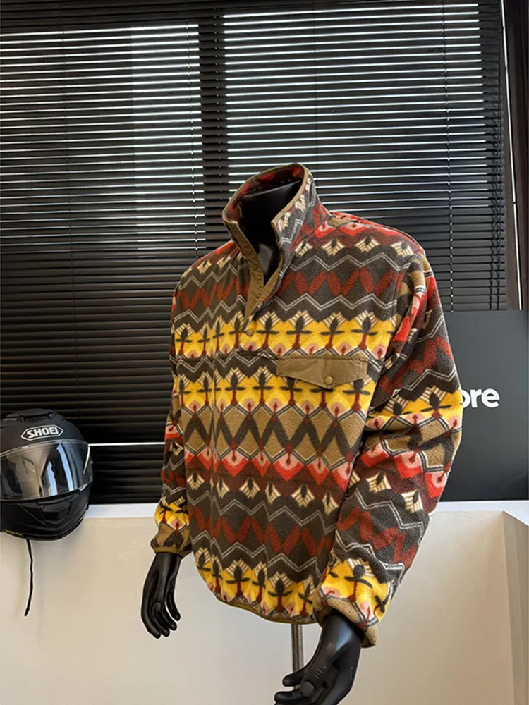 

Американский ретро-свитшот с индейским тотемом, двусторонний, мужской, зимний, теплый, с высоким воротником, для пар, молодежный тренд, полиэстер