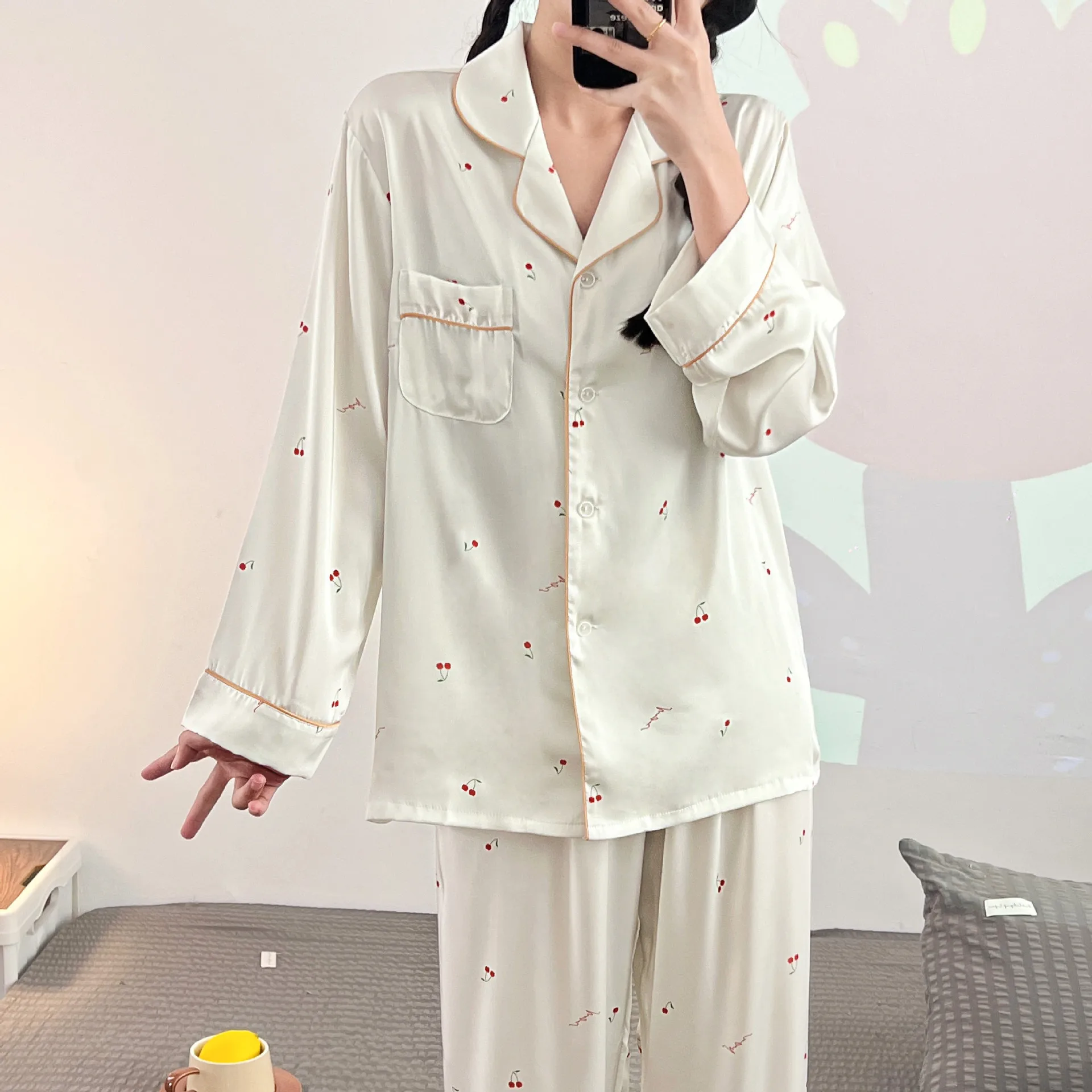 Long Sleeve Pants Floral Print Woman Satin Pajama Sets Ensembles 2 Piece Two-Piece Lady Outfit Lounge Women Pijama Pajama Pj