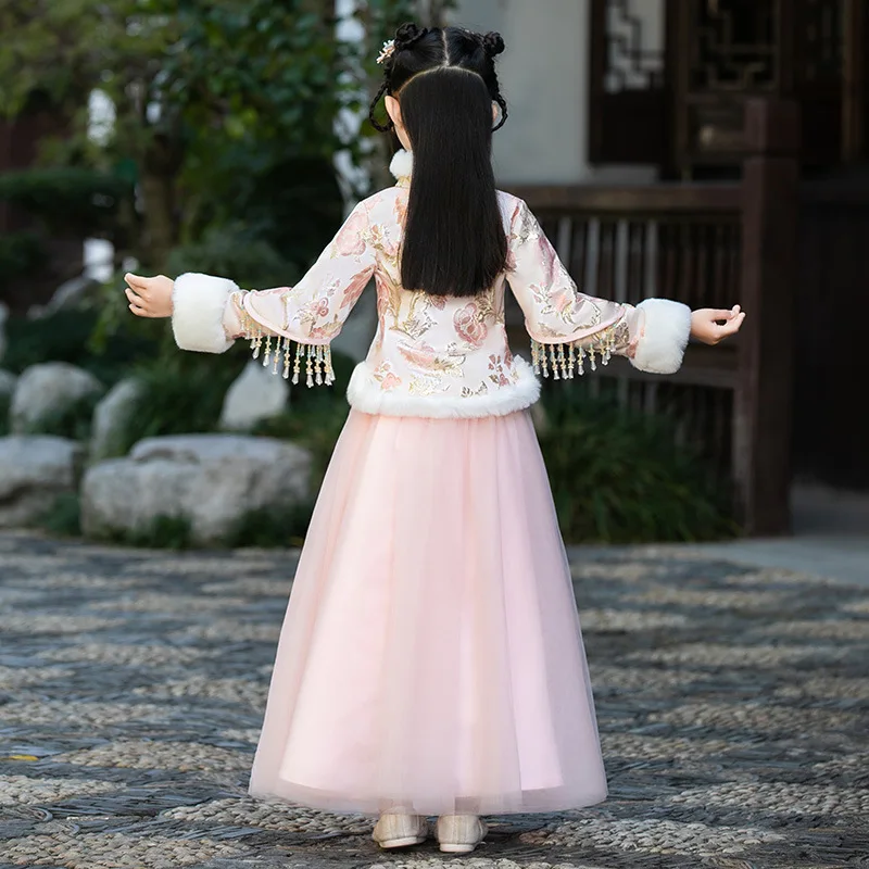 Costume Tang chinois en coton et lin pour filles, vêtements d'hiver rembourrés en coton avec broderie, pour le nouvel an, style Hanfu ancien