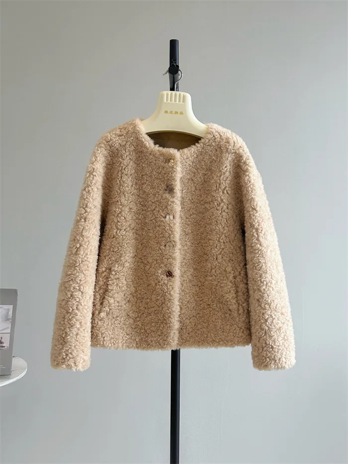 سترة نسائية للخريف والشتاء أنيقة من الصوف برقبة دائرية وأكمام طويلة سترة فضفاضة للسيدات أنيقة واحدة الصدر من الصوف والفرو ملابس خارجية #3